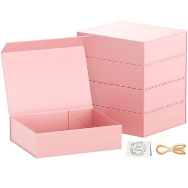 Imagem de PSHVYM Caixas de presente com tampas, 28 x 19 x 7 cm em caixa de presente rosa para presentes Fecho magnético para camisetas, luvas, cachecóis, livros, roupas de bebê, embrulho de presente de roupas, contém cartão, fita (pacote com 5)