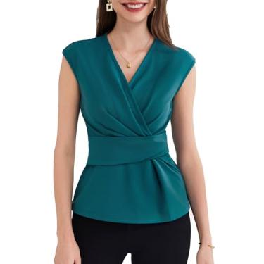 Imagem de GRACE KARIN Blusa feminina 2024 elegante casual manga curta peplum verão gola V trabalho camisa de negócios, Azul, verde, M