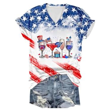 Imagem de Camiseta feminina de 4 de julho com bandeira dos EUA, taças de vinho, estampada, gola V, manga curta, camiseta do Dia da Independência, Azul, P