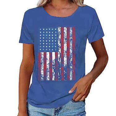 Imagem de Camiseta feminina Independence Day com estampa da bandeira dos EUA Túnica Patriótica Star Stripes 4th of July Shirt, Azul, M