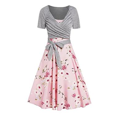Imagem de Conjuntos de vestidos de férias combinando para mulheres, manga curta, gola V, floral, 2 peças, 2024, Cinza U-294, M