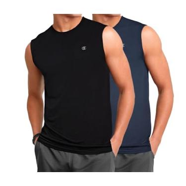 Imagem de Champion Camiseta masculina sem mangas grande e alta – Pacote com 2 camisetas musculares de desempenho, Preto/azul marinho, GG Alto