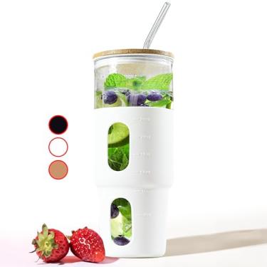 Imagem de Copo de vidro de 946 ml com canudo e tampa de bambu com manga de silicone, copo de café gelado Boba Smoothie reutilizável, serve para suporte de copo, garrafa de água de vidro, caneca de cerveja sem