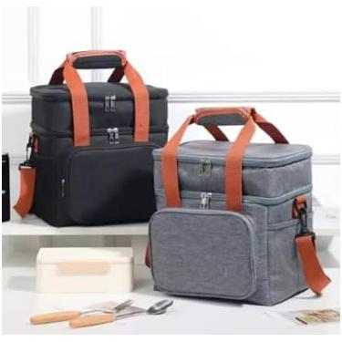 Imagem de Bolsa Térmica Grande Espaçosa com Dois Compartimentos, Lancheira para Marmita, Passeio, Escola, Faculdade, Trabalho, Lancheira Térmica com Alça, Azul (Cinza)