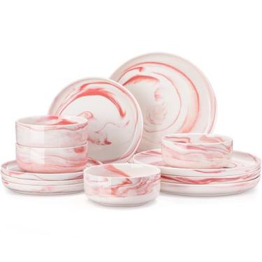 Imagem de MALACASA Conjunto de Louça de Porcelana, 12 Peças, 4 Serviços, Rosa, Resistente a Lascas e Riscos, Seguro para Lava-Louças e Micro-ondas, Marmorização, Perfeito para Pequenas Famílias e Casais