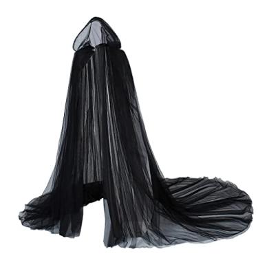 Imagem de MyheroCos Capa com capuz assombrada fantasia fantasma Halloween capa de vampiro preto tule ilusão capa capa noiva, Preto, Tamanho Único