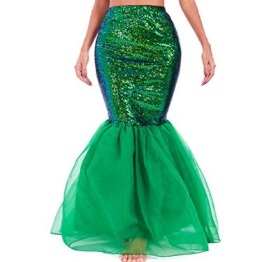Imagem de Funna Fantasia de sereia feminina cauda de lantejoulas maxi saia festa de Halloween, Verde, GG