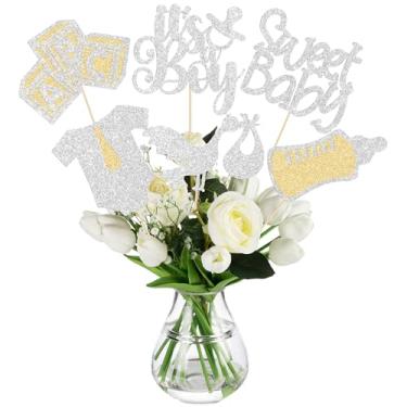 Imagem de Gyufise 12 peças de palitos de centro de mesa de chá de bebê com glitter, macacão de coração de amor, revelação de gênero de bebê, para chá de bebê, suprimentos de festa de aniversário, prata