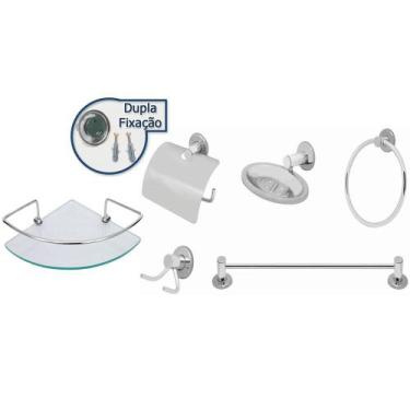 Imagem de Kit Banheiro Inox 6pcs Com Porta Shampoo de Vidro 6mm Linha Stander - 