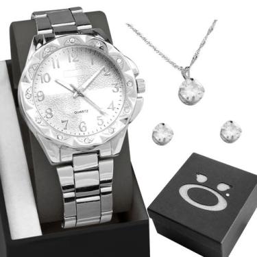 Imagem de colar strass brincos + relogio prata feminino aço + caixa qualidade pr