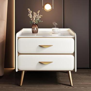 Imagem de Mesa de cabeceira luxuosa com acabamento em couro sintético e tampo de mármore sintético, mesa de cabeceira minimalista moderna com 2 gavetas, armário de armazenamento para quarto e sala de estar (40