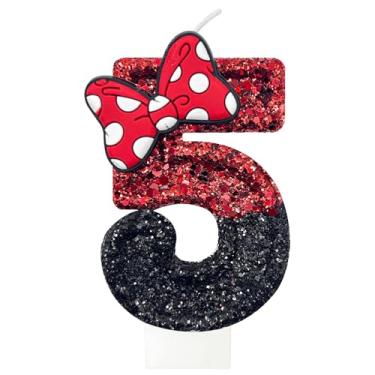 Imagem de JonesLi Vela de 5º aniversário para bolo, vermelha com velas de laço, decorações de aniversário vermelhas, serve para decorações de aniversário da Minnie Mouse, decorações de festa da Minnie Mouse,