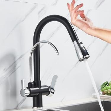 Imagem de Filtro de sensor de toque Torneira de cozinha Torneira de cozinha de latão com água pura Torneira misturadora retrátil Girar guindaste de água quente e fria Modo 2 vias, cromado dourado