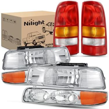 Imagem de Nilight Conjunto de farol e lanterna traseira compatível com Chevy Silverado Fleetside 1999 2000 2001 2002 somente refletor âmbar cromado estilo original com luzes traseiras vermelhas