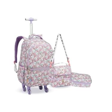 Imagem de Kit Mochila Rodinha 360° Juvenil Unicórnio Coração Escolar (ROXO)