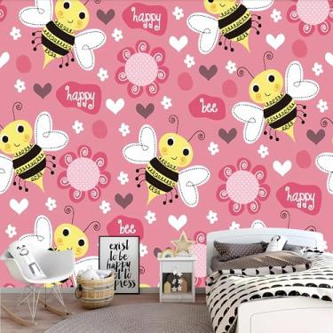 Imagem de Lcythiazole Papel de parede de abelha de tamanho personalizável, papel de parede estilo boêmio, papel de parede floral, fundo rosa para sala de estar, quarto de menina, autoadesivo removível