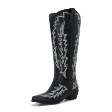 Imagem de Souactimuy Botas femininas caubói de panturrilha larga, plus size, cano alto, estilo ocidental, sem cadarço, bico fino, salto baixo grosso, Preto, 8 Wide