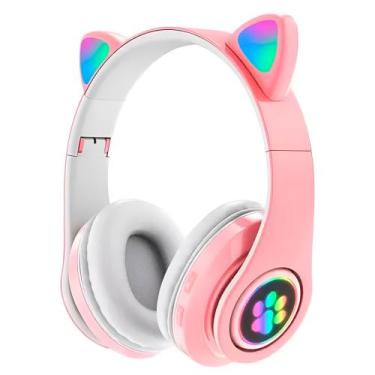 Imagem de Fone Headset Bluetooth Colorido Com LED Sem Fio Gatinho Rosa - ShopMix