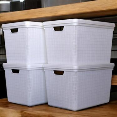 Imagem de Kit 4 Caixas Organizadoras Plásticas 22L com Tampa Empilháveis para Organização de Cozinha Banheiro Escritório (Branco)