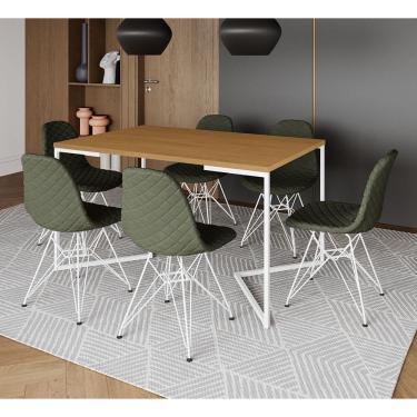 Imagem de Mesa Industrial Retangular Canela Base V 137x90cm c/ 6 Cadeiras Eiffel Estofadas Verdes Aço Branco