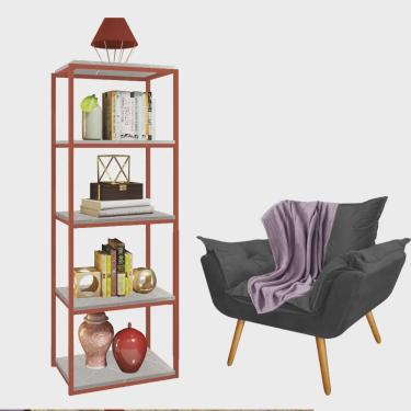 Imagem de Kit Poltrona Fatte com Manta Soft Lilás e Estante Livreiro Ferro Bronze mdf Marmorizado Cinza Suede Cinza - Ahz Móveis