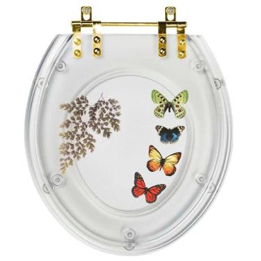 Imagem de Assento Sanitário Poliéster Oval Transparente Com 4 Borboletas Para Todas As Marcas Com Ferragem Dourada
