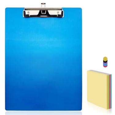 Imagem de Prancheta de alumínio para escritório, suporte de caneta de metal inoxidável, clipe de perfil baixo, tamanho A4, 23 cm x 32 cm, com notas adesivas para escola, escritório, negócios, médicos, profissionais (azul)