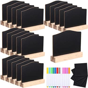 Imagem de 20 peças reutilizáveis de madeira mini placas de lousa com suporte de cavalete etiquetas de comida buffet de festa dupla face, cartões de casamento, números de mesa, plantas, inclui giz à base de água