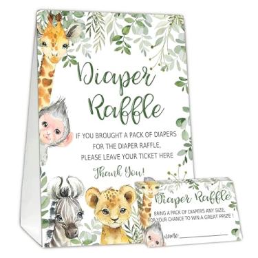 Imagem de Bilhetes de sorteio de fraldas de animais da selva para jogo de chá de bebê, 1 placa de pé (12 x 18 cm) e 50 cartões de adivinhação para decoração de festa de chá de bebê