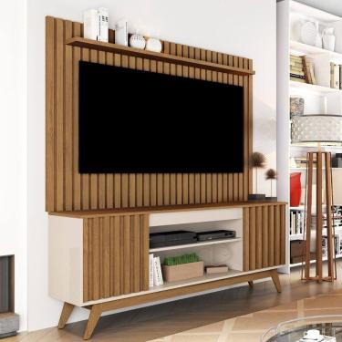 Imagem de Rack com Painel para Tv 65 Polegadas Pés em Madeira Maciça Malibu Classic Wood Off White / Freijó