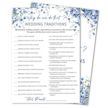 Imagem de Jogos de chá de panela florais azuis para 30 convidados, cartões de jogos Why Do We Do That Bride, atividades para casamentos, suprimentos e atividades para festas de noivado modernos, ideias de jogos