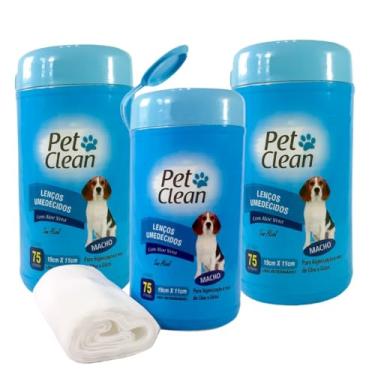 Imagem de Pet Clean Kit Lenços Umedecidos Cachorro Macho com Aloe Vera, 3 Potes x 75 Unidades, 19x11cm, Sem Álcool