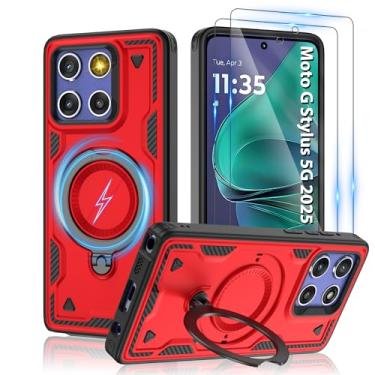 Imagem de Capa magnética para Motorola Moto G Stylus 5G 2025, compatível com MagSafe e [protetor de tela HD × 2], suporte giratório de metal, proteção antidigitais à prova de queda de grau militar, vermelho