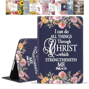 Imagem de POIUYTREW Capa para iPad Mini 6 2021, capa fólio de couro PU com suporte e hibernação automática para iPad Mini 6ª geração de 8,3 polegadas, versículo bíblico com citação floral Phil 4:13