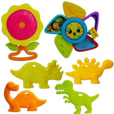 Imagem de Kit Mordedor Dinossauro para Bebês, 6 Peças Coloridas com Chocalho, 0-12 Meses, Vinil Atóxico