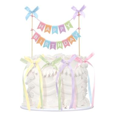 Imagem de Honeydak 11 Pcs Bow Ribbon Cake Topper Happy Birthday Cake Bunting Topper with Wood Pole Handmade Pennant Flags with Bow Ribbon for Birthday, Bridal Party Decoration(Cute,Candy Colors)