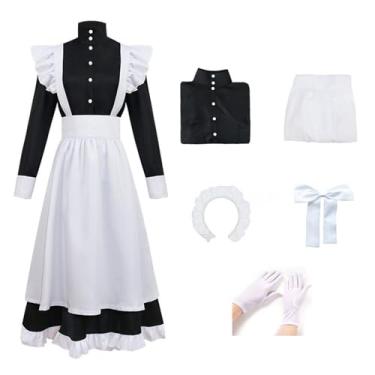Imagem de Vestido longo clássico feminino preto e branco avental Lolita Housekeeper cosplay fantasia uniforme, Preto, 3G