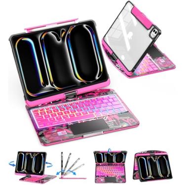 Imagem de TSQQST Capa transparente com teclado sem fio para iPad Pro de 11 polegadas (M4) 2024 com suporte para lápis e trackpad multitoque, PCB visível, brilho de 3 e luz de fundo de 7 cores, rotação 360, rosa