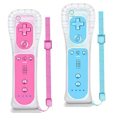 Imagem de NC Controle remoto, substituição para controle remoto Wii, compatível com Wii/Wii U, com capa de silicone e alça de pulso. (azul + rosa)
