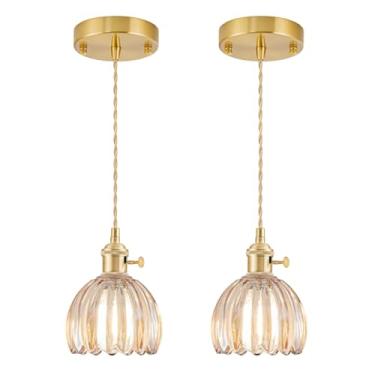 Imagem de Pacote com 2 mini luzes pendentes Kitchen Island, luminária pequena ajustável com abajur de vidro tulipa âmbar, iluminação pendente dourada vintage, luminária pendente para quarto, sala de jantar