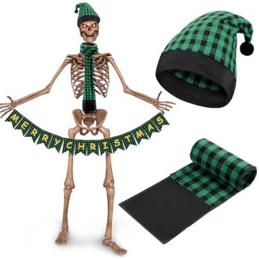 Imagem de Cozypower 3 peças de acessórios de esqueleto de Natal de 44 polegadas, chapéu e cachecol gigante de Papai Noel com faixa de Natal xadrez de búfalo de mão para roupas de esqueleto de 3,6 m (preto e