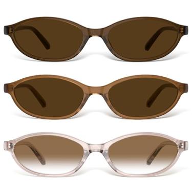 Imagem de phikttu Óculos de sol retrô ovais olho de gato para mulheres Y2K vintage armação pequena leve estreita moderna proteção UV pacote com 3, Marrom + marrom gelatinoso + champanhe, One Size