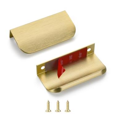Imagem de sunlithor Puxadores de dedo de borda para armários, descasque e cole na gaveta da cozinha, invisível, autoadesivo, plano sem broca, pacote com 10 alças de latão escovado, comprimento total de 8 cm