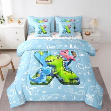 Imagem de Erosebridal Jogo de cama solteiro com letra X, 7 peças, dinossauro, 3D, com lençol com lençol com estampa de dinossauro, animais da selva, para crianças e adultos, conjunto de cama com monograma de