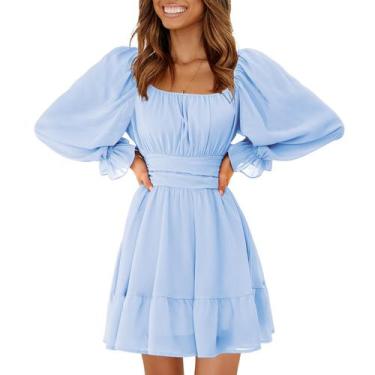 Imagem de Vestido feminino EXLURA 2024, casual, manga comprida, gola quadrada, a