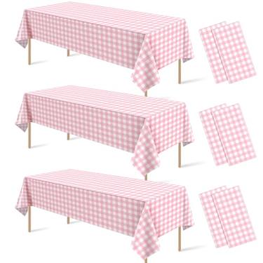Imagem de 6 peças de decoração de toalha de mesa guingão rosa e branco, toalha de mesa descartável de plástico rosa xadrez buffalo, capa de mesa para chá de bebê, casamento, festa de aniversário, 137 x 272 cm