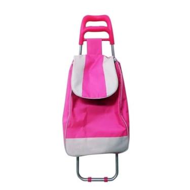 Imagem de Carrinho de compras reforçado dobráve colorido - Dobrável, sacola bolsa térmica, suporta 30kg, ideal para feira e supermercado(ROSA)