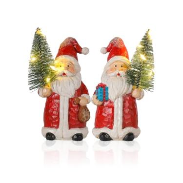 Imagem de iStatue Pacote com 2 estatuetas de resina de Papai Noel iluminadas com árvores de Natal, mini decorações de Natal de 12,7 cm, alimentadas por pilhas, LED branco quente, pintadas à mão, presentes de