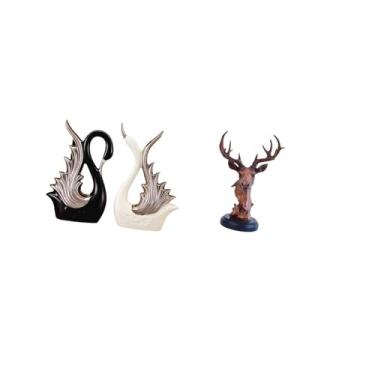 Imagem de Fenteer Escultura de Cerâmica de Cisne E Ornamento de Cabeça de Veado, Estátua de Resina para Prateleira, Lareira de Aniversário E Mesa de Cabeceira, Decoraçã