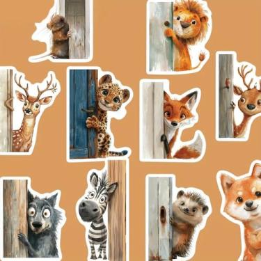 Imagem de 50 adesivos à prova d'água de animais fofos e engraçados espiando na porta para decorar manuais, iPads, telefones celulares e livros
